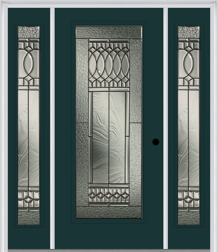 MMI FULL LITE 6'8" FIBERGLASS SMOOTH PARIS PATINA EXTERIOR PREHUNG DOOR WITH 2 FULL LITE PARIS PATINA DECORATIVE GLASS SIDELIGHTS 686